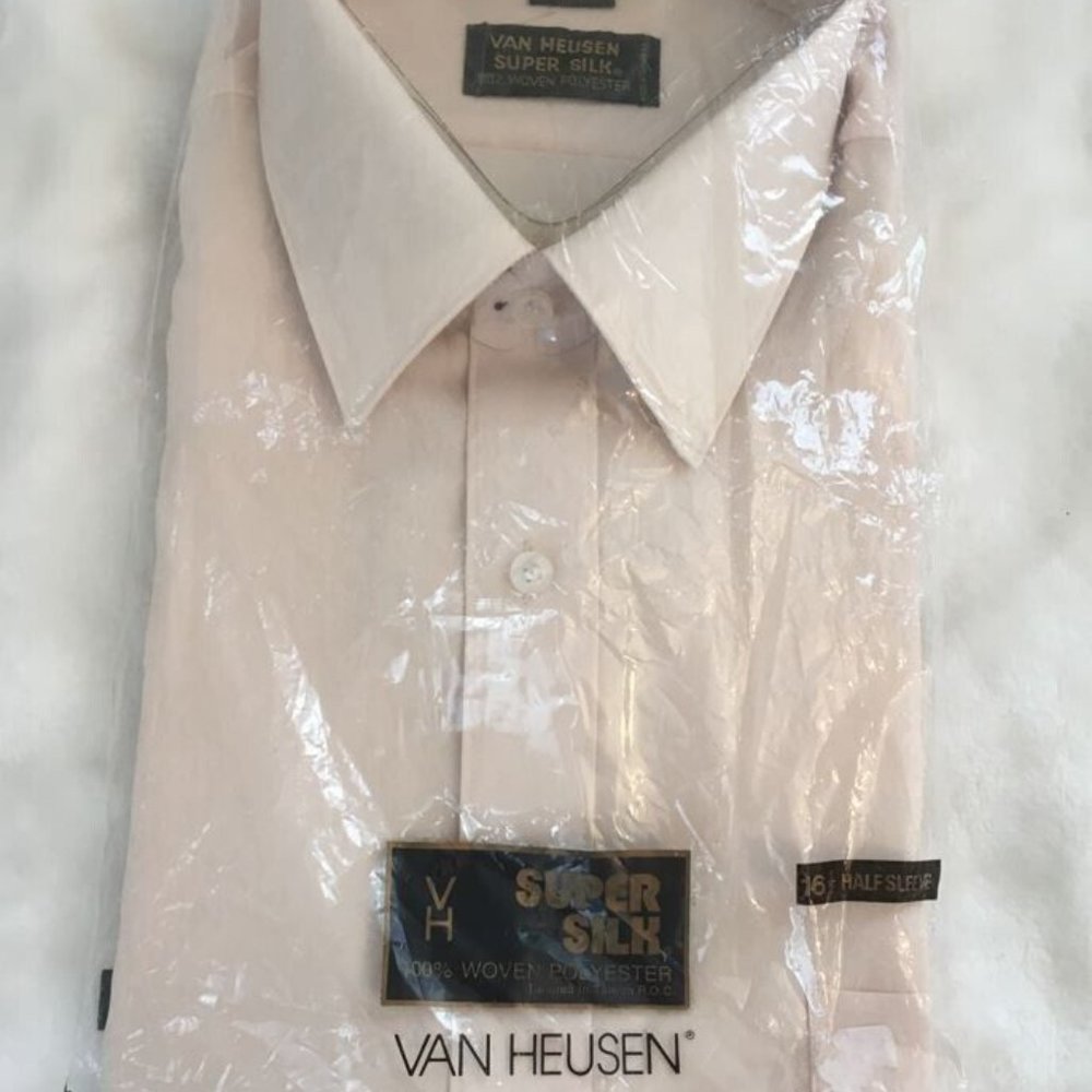 Van Heusen Vintage Light Beige Half Sleeve 16.5 Super Silk Shirt NEW Polyester